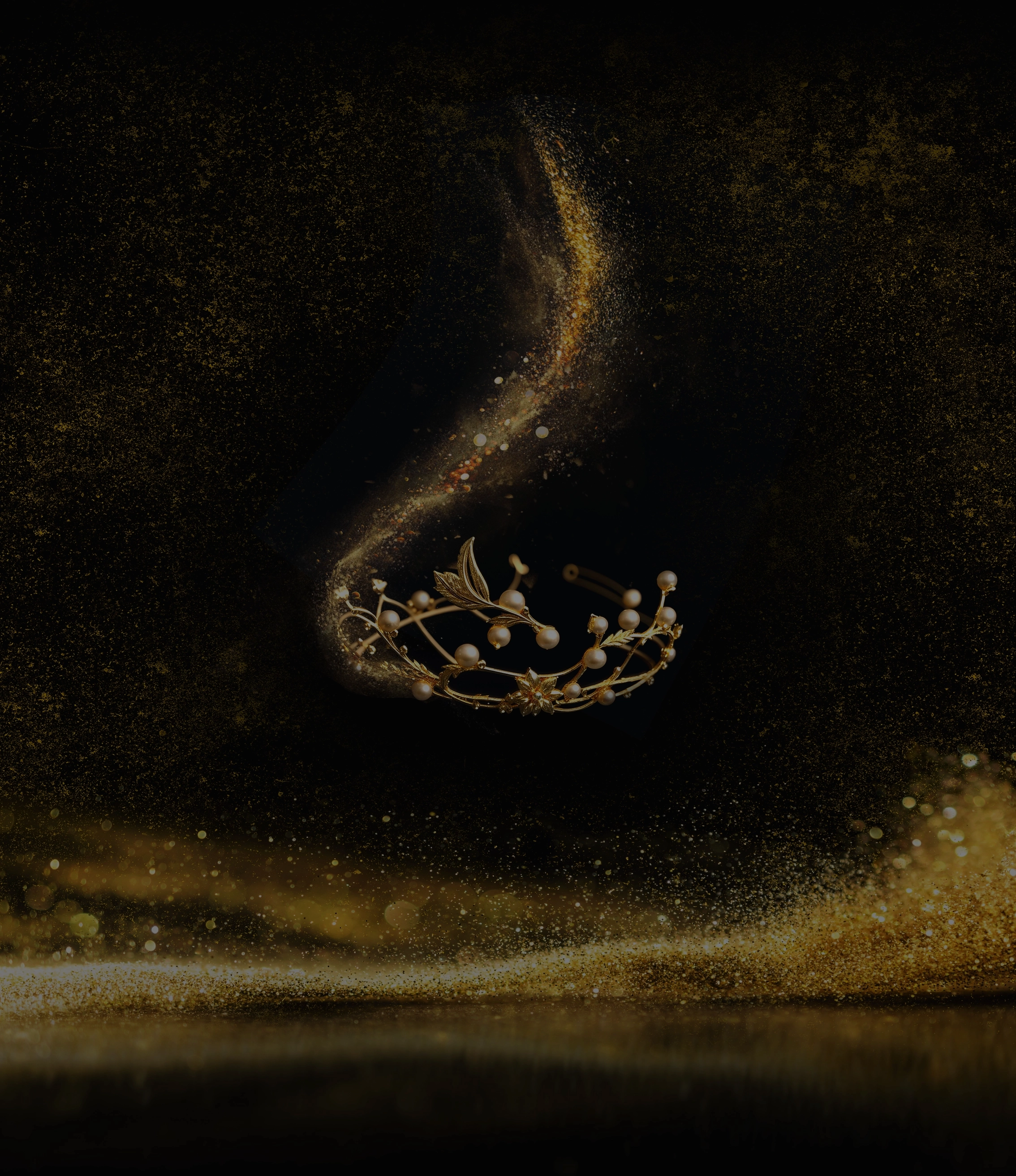 floating wineprincess-crown with golddust particles on a black background